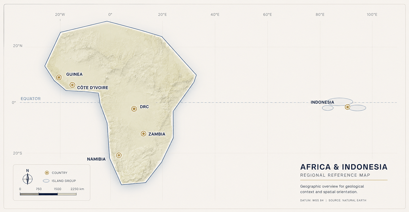 World map of Terraprisma satellite mineral exploration projects across Africa, Asia and the Americas